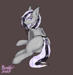 Size: 1663x1709 | Tagged: safe, artist:biscuitfox, artist:jipest, artist:фляпик, oc, oc only, oc:wafflejuice, bat pony, bat wings, black and white mane, butt, clothes, fangs, female, gray fur, mare, panties, purple eyes, simple background, solo, underwear, wings