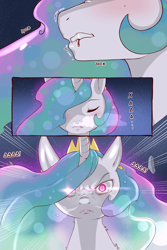 Size: 960x1440 | Tagged: safe, artist:cold-blooded-twilight, edit, princess celestia, alicorn, pony, comic:cold storm (ru), g4, :<, :c, >:c, angry, biting, blood, clothes, comic, crown, exhale, exhaled breath condensate, female, fluffy, frown, glare, gritted teeth, hesitant, jewelry, lip bite, magic, mare, neck fluff, regalia, snorting, teeth, translation, translator:agent00k0t