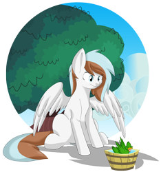 Size: 2432x2600 | Tagged: safe, artist:chub-wub, oc, oc only, oc:waffles, bird, duck, pegasus, pony, 2016, bucket, old art, simple background, sitting, solo, transparent background, tree