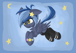 Size: 1818x1271 | Tagged: safe, artist:atlas-66, oc, oc only, oc:pixi feather, pegasus, pony, bracelet, clothes, ears up, eyelashes, feathered wings, female, floppy ears, flying, jewelry, mare, partially open wings, passepartout, pegasus wings, smiling, socks, solo, stars, wings, yellow eyes