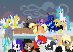 Size: 4093x2894 | Tagged: oc name needed, safe, artist:jjsh, amethyst star, applejack, big macintosh, drizzle, jonagold, lemony gem, marmalade jalapeno popette, mjölna, princess celestia, princess luna, sparkler, twist, oc, oc:jennifer jones stars, oc:jetstream, oc:psalm, oc:stonewing, alicorn, earth pony, pegasus, pony, unicorn, g4, apple family member, armor, birthmark, clothes, cloud, coffin, crying, female, flower, funeral, glasses, grave, gravestone, guard, guardian, hat, high res, horn, male, mare, older twist, outdoors, rose, royal guard, sad, scar, snow, stallion, teary eyes, teeth, wings