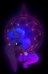 Size: 2125x3251 | Tagged: safe, artist:itssim, princess luna, alicorn, pony, g4, butt, commission, commissioner:shaddar, dreamcatcher, dreamcaught luna, female, hoof shoes, horn, mare, moonbutt, plot, princess shoes, solo, spread wings, wings