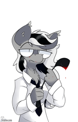 Size: 5120x8000 | Tagged: source needed, useless source url, safe, artist:difis, oc, oc only, oc:wafflejuice, bat pony, anthro, black and white mane, blood, clothes, female, gray fur, necktie, simple background, solo, whip