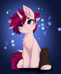 Size: 3473x4207 | Tagged: safe, artist:empress-twilight, oc, oc only, oc:astral, pony, unicorn, blue eyes, blue pupils, blushing, cheek fluff, clothes, colored pupils, commission, cream coat, ear fluff, eye clipping through hair, eyebrows, eyebrows visible through hair, gradient background, gradient eyes, high res, hoofless socks, horn, leg fluff, looking up, male, male oc, ponytail, red mane, red tail, shiny mane, shiny tail, shoulder fluff, sitting, smiling, socks, solo, sparkles, stallion, stallion oc, tail, tied mane, two toned mane, two toned tail, unicorn oc, unshorn fetlocks, ych result