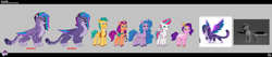 Size: 8512x1794 | Tagged: safe, allura, hitch trailblazer, izzy moonbow, pipp petals, sunny starscout, zipp storm, big cat, earth pony, leopard, pegasus, snow leopard, unicorn, g5, my little pony: tell your tale, official, .psd available, blue mane, blue tail, brown eyes, colored hooves, concept art, crown, cyan eyes, female, gold hooves, green mane, green tail, hooves, horn, jewelry, looking at you, male, mane five, orange coat, orange eyes, purple coat, purple eyes, purple hooves, reference, reference sheet, regalia, silver hooves, smiling, stallion, tail, three toned wings, two toned mane, two toned tail, unshorn fetlocks, white coat, yellow coat