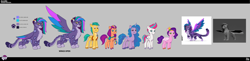 Size: 8512x2070 | Tagged: safe, allura, hitch trailblazer, izzy moonbow, pipp petals, sunny starscout, zipp storm, big cat, earth pony, leopard, pegasus, snow leopard, unicorn, g5, my little pony: tell your tale, official, .psd available, blue mane, blue tail, brown eyes, colored hooves, concept art, crown, cyan eyes, female, gold hooves, green mane, green tail, hooves, horn, jewelry, looking at you, male, mane five, orange coat, orange eyes, purple coat, purple eyes, purple hooves, reference, reference sheet, regalia, silver hooves, smiling, stallion, tail, three toned wings, two toned mane, two toned tail, unshorn fetlocks, white coat, yellow coat