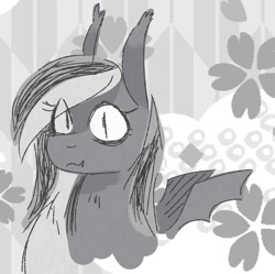 Size: 722x718 | Tagged: artist needed, source needed, safe, oc, oc only, oc:wafflejuice, bat pony, black and white mane, female, gray fur, mare, purple eyes, solo