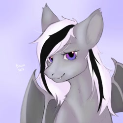 Size: 1280x1280 | Tagged: safe, artist:biscuitfox, artist:jipest, artist:фляпик, oc, oc only, oc:wafflejuice, bat pony, bat wings, black and white mane, fangs, gray fur, solo, wings