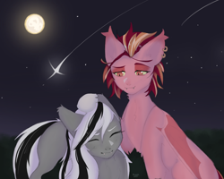 Size: 4000x3200 | Tagged: safe, artist:biscuitfox, artist:jipest, artist:фляпик, oc, oc only, oc:wafflejuice, bat pony, black and white mane, duo, female, gray fur, head pat, mare, pat, purple eyes, red eyes, simple background, stars