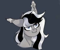 Size: 1080x899 | Tagged: artist needed, source needed, safe, oc, oc only, oc:wafflejuice, bat pony, black and white mane, female, gray fur, mare, purple eyes, simple background, solo