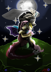 Size: 4000x5658 | Tagged: safe, artist:gabbygums21, discord, fluttershy, draconequus, pegasus, pony, g4, female, flower, flower in hair, grass, grass field, hug, male, mare, moon, night, outdoors, ship:discoshy, shipping, signature, sparkles, straight