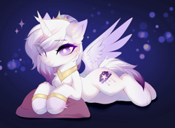 Size: 4342x3203 | Tagged: safe, artist:empress-twilight, oc, oc only, oc:lizia, alicorn, pony, alicorn oc, big eyes, blushing, bracelet, butt fluff, chest fluff, colored eartips, colored eyelashes, colored hooves, colored wings, colored wingtips, commission, ear fluff, empress, eye clipping through hair, eyebrows, eyebrows visible through hair, eyelashes, feathered wings, female, fetlock tuft, gradient background, gradient ears, gradient eyes, gradient wings, high res, hock fluff, hooves, horn, jewelry, leg fluff, long mane, looking at you, lying down, mare, on side, one wing out, peytral, pillow, purple eyes, purple wingtips, shiny mane, shiny tail, shoulder fluff, smiling, smiling at you, solo, sparkles, thick eyelashes, three quarter view, three toned mane, three toned tail, tiara, unicorn horn, white hooves, white pupils, wings, ych result