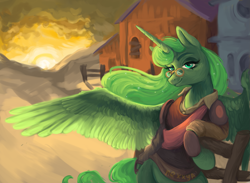 Size: 2223x1631 | Tagged: safe, artist:nexya05, oc, oc only, oc:maddy swamp, alicorn, pony, fallout equestria, alicorn oc, artificial alicorn, female, fence, glasses, horn, mare, outdoors, solo, spread wings, sunrise, wings