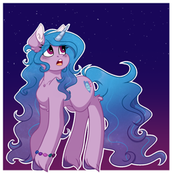 Size: 1000x1000 | Tagged: safe, artist:xxmikaraxx, izzy moonbow, pony, unicorn, g5, blue mane, blue tail, bracelet, collarbone, female, friendship bracelet, horn, jewelry, long legs, looking up, mare, open mouth, passepartout, purple coat, purple eyes, solo, stars, tail, unshorn fetlocks