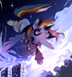 Size: 4000x4300 | Tagged: safe, artist:prisadchenko, rainbow dash, pegasus, pony, g4, bandage, building, cigarette, city, clothes, cloud, ear piercing, earring, eyeshadow, female, jacket, jewelry, makeup, mare, missing cutie mark, night, piercing, smoke, smoking, solo