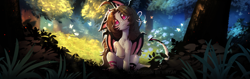 Size: 1920x603 | Tagged: safe, artist:viryav, oc, oc only, oc:tyutya, butterfly, demon, demon pony, pony, blushing, branches, brown hair, bush, chest fluff, clothes, colored pupils, colorful, complex background, devil tail, eye clipping through hair, eyebrows, eyebrows visible through hair, facial markings, female, flower, fluffy, forest, full body, grass, gray eyes, horns, leaves, long hair, looking at you, mare, mare oc, nature, pink pupils, question mark, shiny mane, signature, slender, socks, solo, sticks, stockings, sun rays, tail, thigh highs, thin, tree, white body