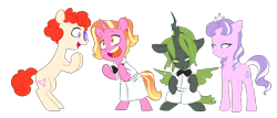 Size: 1280x548 | Tagged: safe, artist:chub-wub, diamond tiara, luster dawn, twist, oc, oc:wisteria, changeling, changeling queen, earth pony, pony, unicorn, fanfic:product of friendship, g4, bipedal, bipedal leaning, black and green, bowtie, changeling oc, changeling queen oc, clothes, diadem, excited, eye clipping through hair, fanfic art, fangs, female, female oc, filly, filly oc, floppy ears, foal, glasses, green changeling, happy, horn, jewelry, leaning, looking at each other, looking at someone, older, older diamond tiara, older twist, open mouth, open smile, raised hoof, regalia, simple background, sitting, smiling, smirk, smug, smug smile, spread wings, standing, talking, transparent background, unamused, unicorn oc, uniform, wings