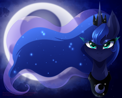 Size: 2500x2000 | Tagged: safe, artist:katethedeath1, princess luna, alicorn, pony, g4, crown, ethereal mane, eyeshadow, female, head only, jewelry, long mane, looking at you, makeup, mare, moon, regalia, royalty, solo