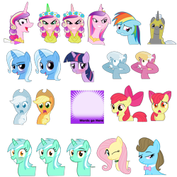 Size: 5443x5443 | Tagged: safe, artist:the smiling pony, apple bloom, applejack, beauty brass, fluttershy, lily, lily valley, lyra heartstrings, princess cadance, queen chrysalis, rainbow dash, trixie, twilight sparkle, derpibooru, g4, .svg available, meta, royal guard, simple background, spoiler image, template, transparent background, vector