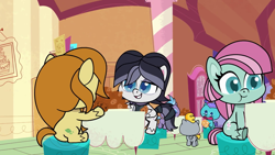 Size: 1920x1080 | Tagged: safe, screencap, caramel latte, matt #2, minty (g4), earth pony, pegasus, pony, death of a sales-pony, g4, g4.5, my little pony: pony life, butt, cookie, food, indoors, plot, sitting