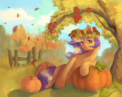 Size: 1280x1025 | Tagged: safe, artist:nexya05, oc, oc only, earth pony, pony, autumn, female, fence, leaves, mare, outdoors, pumpkin, solo, tree