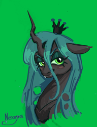 Size: 2390x3129 | Tagged: safe, artist:nexya05, queen chrysalis, changeling, changeling queen, g4, bust, female, green background, portrait, simple background, solo