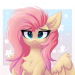 Size: 3200x3200 | Tagged: safe, artist:gaffy, fluttershy, pegasus, pony, :3, bust, cheek fluff, chest fluff, cute, ear fluff, eye clipping through hair, female, flower, front view, gradient background, half body, looking at you, mare, partially open wings, passepartout, shyabetes, smiling, smiling at you, solo, wings