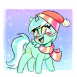 Size: 1418x1418 | Tagged: safe, artist:pozya1007, lyra heartstrings, pony, unicorn, g4, blushing, clothes, cute, female, hat, horn, lyrabetes, mare, open mouth, open smile, outdoors, passepartout, scarf, smiling, snow, snowfall, solo, winter