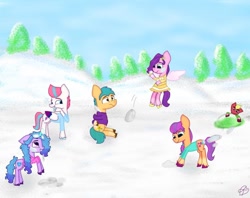 Size: 1080x856 | Tagged: safe, artist:heart k art, hitch trailblazer, izzy moonbow, pipp petals, sprout cloverleaf, sunny starscout, zipp storm, earth pony, pegasus, pony, unicorn, series:heart k art g5 advent calendar, g5, advent calendar, clothes, female, horn, male, mane five, mare, outdoors, snow, snowball, snowball fight, stallion, winter, winter outfit