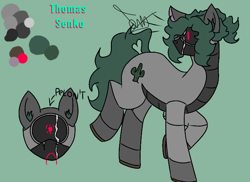 Size: 1394x1014 | Tagged: safe, artist:thomas.senko, oc, oc only, oc:thomas senko, cyclops, cyclops pony, earth pony, pony, robot, robot pony, g4, my little pony: friendship is magic, bald, cactus, closed mouth, cutie mark, ears up, earth pony oc, gray fur, green background, green hair, green mane, green tail, heart, long hair, looking back, male, male oc, no shading, red eye, reference sheet, sad, simple background, solo, stallion, stallion oc, tail