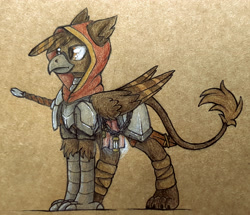 Size: 2528x2172 | Tagged: safe, artist:cmdraj, oc, griffon, armor, eared griffon, hood, solo, sword, traditional art, weapon