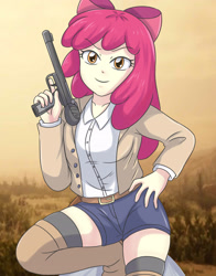 Size: 2700x3441 | Tagged: safe, artist:sumin6301, apple bloom, equestria girls, g4, 2024, c93 borchardt, clothes, female, gun, high res, looking at you, older, older apple bloom, outdoors, shorts, solo, weapon