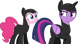 Size: 1830x1032 | Tagged: safe, artist:stephen-fisher, pinkie pie, twilight sparkle, alicorn, earth pony, pony, g4, catsuit, duo, duo female, female, mare, simple background, spy suit, transparent background, twilight sparkle (alicorn), vector