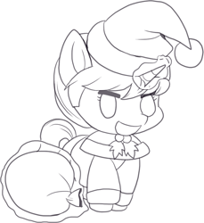 Size: 914x1000 | Tagged: safe, artist:nauyaco, oc, oc only, pony, unicorn, christmas, clothes, costume, hat, holiday, horn, padoru, santa costume, santa hat, santa sack, solo, unicorn oc