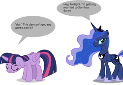 Size: 1876x1288 | Tagged: artist needed, source needed, safe, princess luna, twilight sparkle, g4, sad, simple background, smiling, smirk, speech bubble, white background