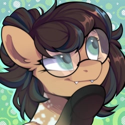 Size: 1000x1000 | Tagged: safe, artist:breloomsgarden, oc, oc only, oc:nixie tube, bat pony, earth pony, hybrid, abstract background, bust, coat markings, dappled, fangs, glasses, portrait, solo, thinking