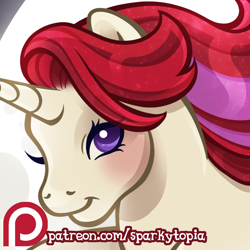 Size: 1200x1200 | Tagged: safe, artist:sparkytopia, moondancer (g1), pony, unicorn, g1, advertisement, bust, closed mouth, cream coat, female, horn, looking at you, mare, patreon, patreon logo, patreon preview, portrait, purple eyes, red hair, signature, smiling, solo, white coat