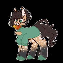 Size: 900x900 | Tagged: safe, artist:coffeedazes, oc, oc only, oc:nixie tube, bat pony, earth pony, hybrid, bat pony oc, black background, chest fluff, clothes, coat markings, dappled, ear fluff, food, glasses, hoof shoes, mango, simple background, solo, sweater