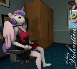 Size: 901x810 | Tagged: safe, artist:spud, princess cadance, princess flurry heart, alicorn, anthro, plantigrade anthro, comic:unlikely valentine, g4, 3d, blushing, closet, comic cover, cover, cover art, female, heart, holding something, looking at someone, monitor, offscreen character, room, sitting, solo focus, source filmmaker, standing, window