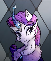 Size: 1170x1406 | Tagged: safe, artist:smolflaffybun, rarity, unicorn, accessory, beard, clothes, crystal, crystal horn, diamond, digital art, facial hair, female, fur, horn, jewelry, redesign, ring