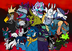 Size: 1414x1000 | Tagged: safe, artist:melspyrose, artist:zetikoopa, ahuizotl, dragon lord torch, grogar, king sombra, lord tirek, opaline arcana, pharynx, pony of shadows, prince blueblood, shining armor, storm king, stronghoof hoofstrong (tfh), oc, oc:bass thunder, oc:dark havok, oc:draven la fay/no heart, oc:khalfani, oc:phantom infinite, ahuizotl (species), centaur, changedling, changeling, deer, dragon, goat, griffon, hybrid, kirin, longma, rabbit, reindeer, shadow pony, sheep, siren, storm creature, umbrum, unicorn, taur, them's fightin' herds, g4, g5, alexandrite arcane, animal, community related, female to male, horn, kirin oc, male, male siren, monster prince blueblood, monster shining armor, prince pharynx, ram, rule 63, species swap, springtrap, stallion