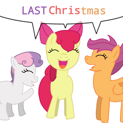 Size: 3000x3000 | Tagged: safe, artist:sleeplesseevee, apple bloom, scootaloo, sweetie belle, earth pony, pegasus, pony, unicorn, g4, cutie mark crusaders, female, filly, foal, front view, horn, last christmas, outline, side view, simple background, speech bubble, transparent background, trio, trio female, white outline