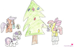 Size: 1116x716 | Tagged: safe, artist:amyandluigifan, apple bloom, scootaloo, sweetie belle, earth pony, pegasus, pony, unicorn, g4, candy, candy cane, christmas, christmas tree, cutie mark crusaders, food, holiday, hoof hold, horn, magic, mouth hold, ornament, signature, simple background, stool, telekinesis, traditional art, tree, white background