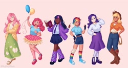 Size: 3000x1600 | Tagged: safe, artist:tinypurplebrush, applejack, fluttershy, pinkie pie, rainbow dash, rarity, twilight sparkle, human, alternate hairstyle, applejack's hat, balloon, bandage, bandaid, belly, belly button, belt, book, bracelet, cardigan, clothes, converse, cowboy, cowboy hat, dark skin, denim, ear piercing, earring, eyeshadow, feet, female, fingerless gloves, gloves, grin, hair over one eye, hat, high heels, hoodie, humanized, jeans, jewelry, lasso, leg warmers, lipstick, magic wand, makeup, mane six, midriff, necklace, necktie, open mouth, pants, piercing, pink background, rainbow socks, rope, sandals, shirt, shoes, shorts, simple background, skirt, smiling, socks, sports shorts, stockings, striped socks, t-shirt, tank top, thigh highs, wand