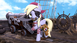 Size: 3840x2160 | Tagged: safe, artist:owlpirate, derpy hooves, pegasus, pony, g4, 3d, 4k, cannon, cutlass, eyepatch, female, high res, looking at you, mare, mouth hold, outdoors, pirate, ship, smiling, smiling at you, solo, source filmmaker, sword, weapon