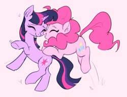 Size: 563x432 | Tagged: safe, artist:tinypurplebrush, pinkie pie, twilight sparkle, earth pony, pony, unicorn, g4, cute, diapinkes, duo, duo female, eyes closed, female, lesbian, mare, open mouth, raised hoof, ship:twinkie, shipping, twiabetes, unicorn twilight