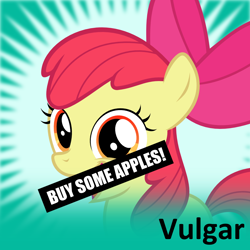 Size: 1024x1024 | Tagged: safe, artist:the smiling pony, apple bloom, earth pony, pony, derpibooru, friendship is witchcraft, g4, apple bloom's bow, bow, buy some apples, female, filly, foal, golden eyes, hair bow, hilarious in hindsight, icon, looking at you, meme, meta, meta:vulgar, official spoiler image, open mouth, open smile, prank, red hair, red mane, smiling, solo, spoiler joke, spoiler tag, spoilered image joke, yellow body, yellow coat, yellow fur, yellow pony