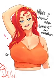 Size: 1400x2000 | Tagged: safe, artist:sozglitch, sunset shimmer, human, g4, arm behind head, big breasts, breasts, busty sunset shimmer, cleavage, dialogue, female, floating heart, heart, huge breasts, humanized, light skin, looking at you, open mouth, open smile, signature, simple background, smiling, smiling at you, solo, talking to viewer, white background