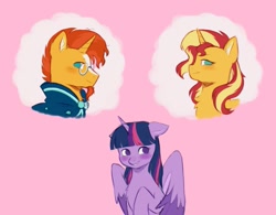 Size: 1241x966 | Tagged: safe, alternate version, artist:tinypurplebrush, sunburst, sunset shimmer, twilight sparkle, alicorn, pony, unicorn, g4, bisexual, blushing, chest fluff, cloak, clothes, female, glasses, grin, horn, lesbian, male, mare, markings, pink background, ship:sunsetsparkle, ship:twiburst, shipping, simple background, smiling, stallion, straight, sunburst's cloak, thought bubble, trio, twilight sparkle (alicorn), unshorn fetlocks