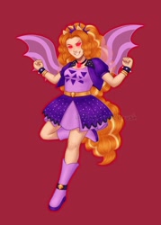 Size: 1500x2100 | Tagged: safe, artist:tinypurplebrush, adagio dazzle, equestria girls, g4, belt, boots, clothes, deviantart watermark, dress, evil smile, female, gem, grin, high heel boots, jacket, obtrusive watermark, red background, red eyes take warning, shoes, simple background, siren gem, smiling, solo, spiked wristband, watermark, wristband